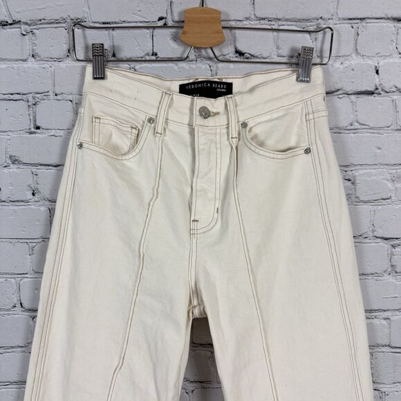 Veronica Beard Womens Dylan Pintuck High Rise Full Length Straight Jeans Ecru 26 - Picture 4 of 11